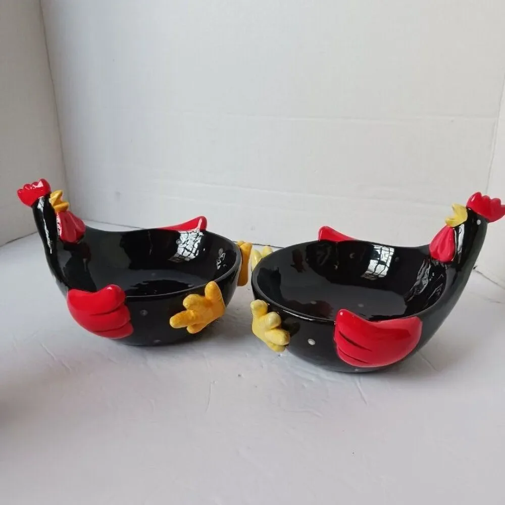 Rooster  2pcs Ceramic Trinket Dish Black White Polka Dots